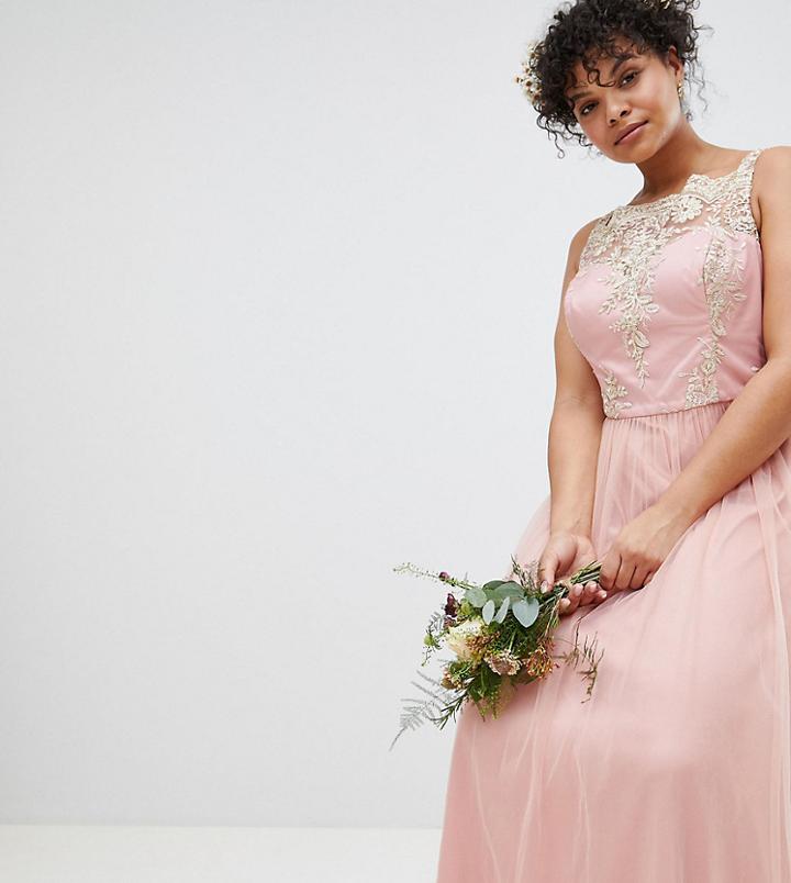 Chi Chi London Plus Bardot Neck Sleeveless Maxi Dress With Premium Lace And Tulle Skirt - Pink