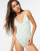 Topshop Shirred Floral One Piece In Sage Green