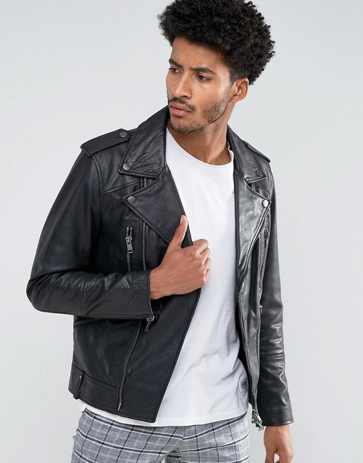 Mango Man Leather Biker Jacket With Collar In Black - Black