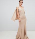 Yaura Plunge Front Maxi Dress With Cape Detail In Taupe - Beige