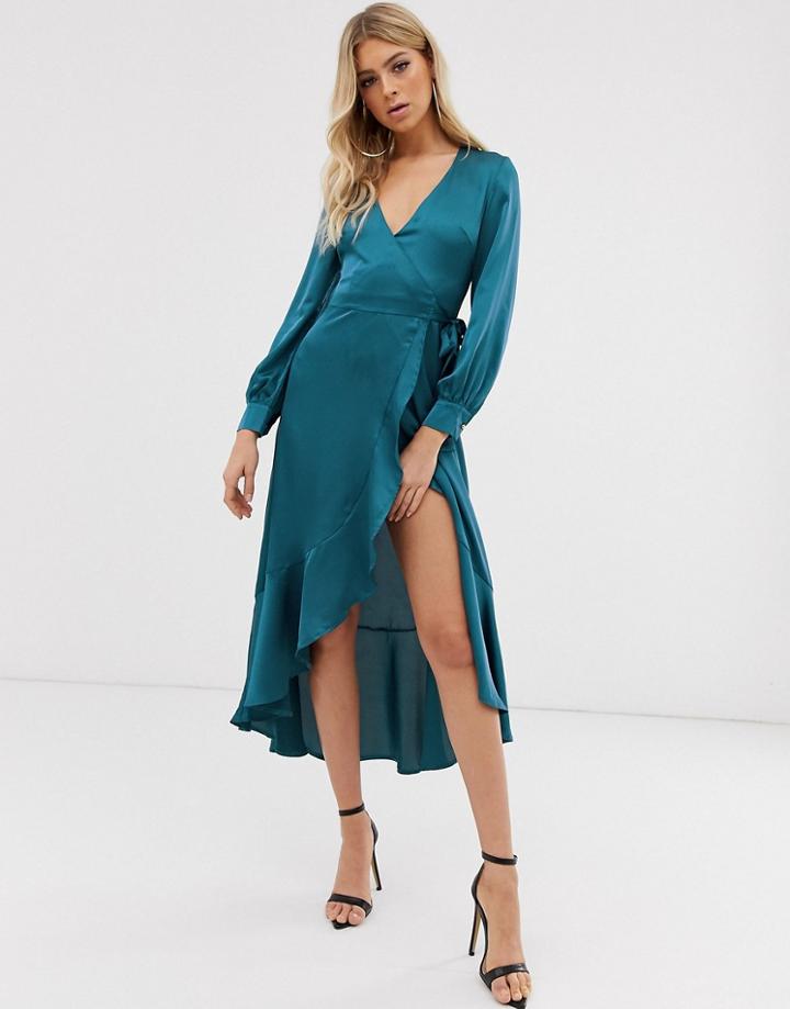 Club L London Wrap Satin High Low Dress - Blue