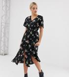 Missguided Tall Button Through Midi Dress In Black Floral - White
