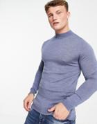 Asos Design Muscle Fit Merino Wool Turtle Neck Sweater In Denim Blue-blues