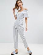 Asos Jumpsuit In Cotton Stripe With Cold Shoulder And Lace Up Front Detail - Blue