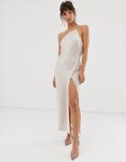 Asos Design One Shoulder Midaxi Dress In Satin With Drape Back - Cream