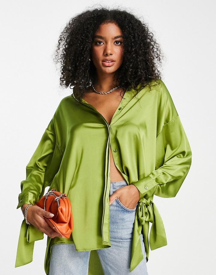 Asos Design Oversized Satin Shirt With Tie Cuff Detail In Green - Part Of A Set