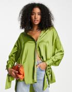Asos Design Oversized Satin Shirt With Tie Cuff Detail In Green - Part Of A Set