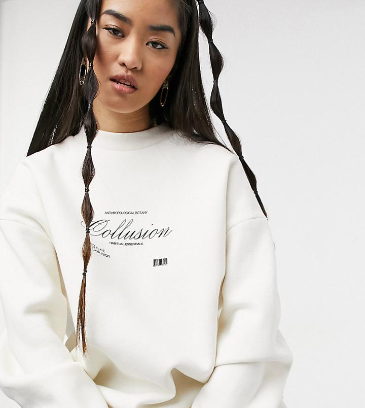 Collusion Oversized Brand Print Sweatshirt In Ecru-white