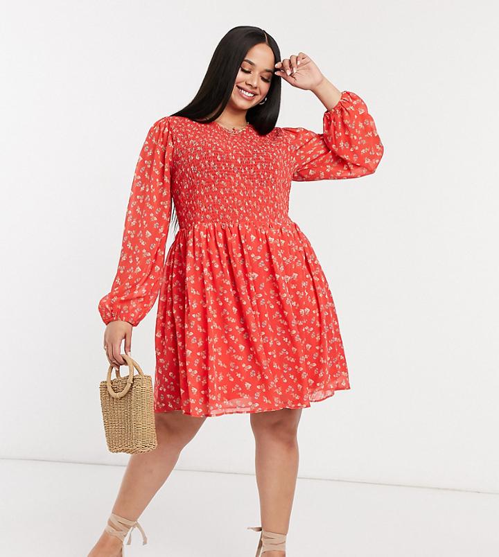Asos Design Curve Shirred Mini Smock Dress In Red Floral Print-multi