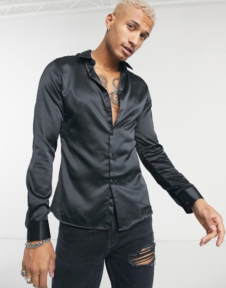 Asos Design Stretch Satin Muscle Shirt In Black Satin