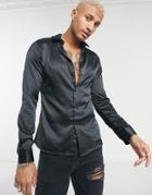Asos Design Stretch Satin Muscle Shirt In Black Satin