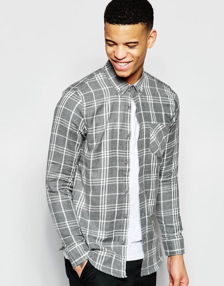 Pull & Bear Checked Shirt In Gray Regular Fit - Gray