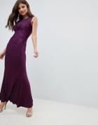 Ax Paris Slinky Maxi Dress With Lace Detail - Purple
