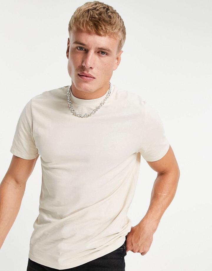 Asos Design Pique T-shirt With Crew Neck In Beige-neutral