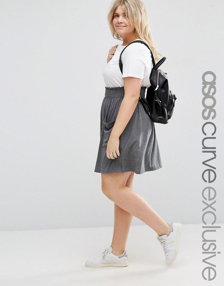 Asos Curve Skater Skirt With Shirred Waist And Pockets - Charcoal Marl