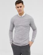 Asos Design Muscle Fit Merino Wool Sweater In Light Gray - Gray