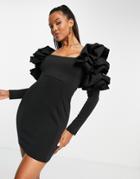 Asos Design Exagerated Orgami Puff Sleeve Mini Dress In Black-multi