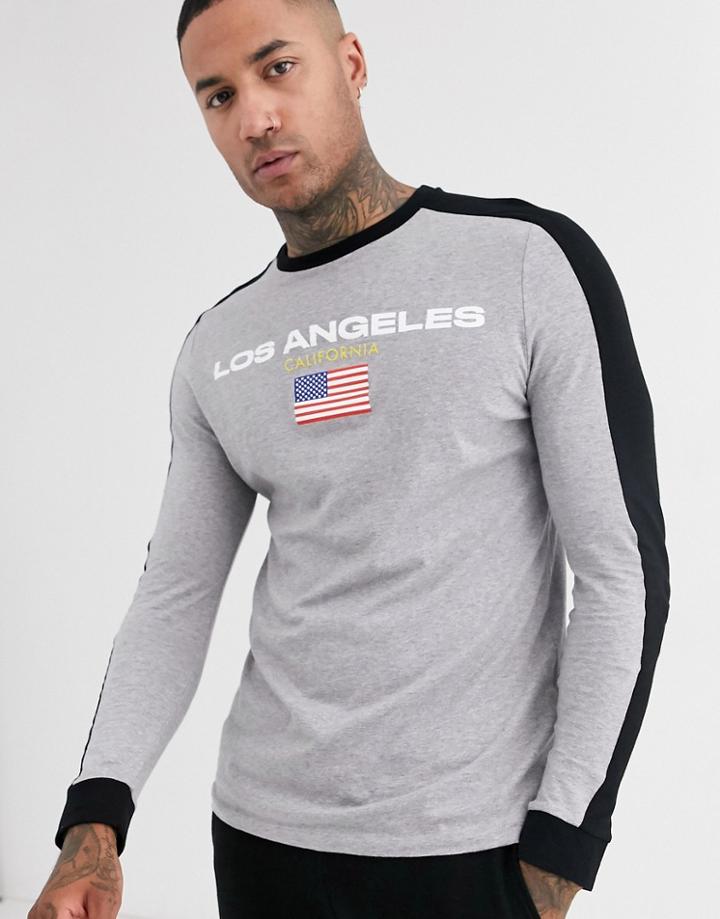 Asos Design Organic Long Sleeve T-shirt With Contrast Shoulder Panel And Chest Print