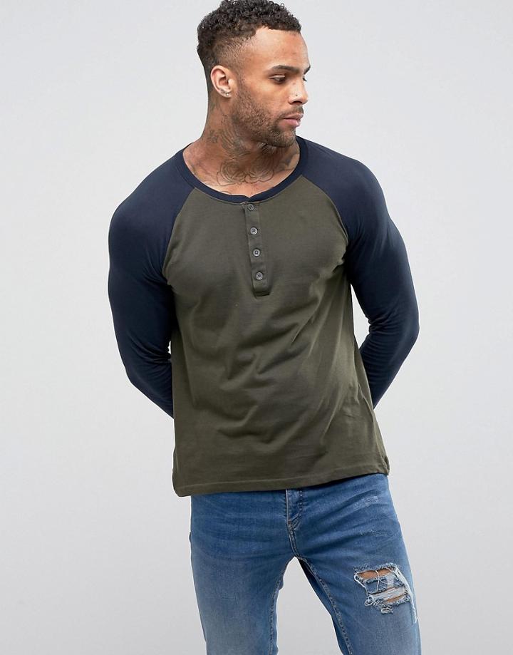 Brave Soul Raglan Henley Long Sleeve Top - Green