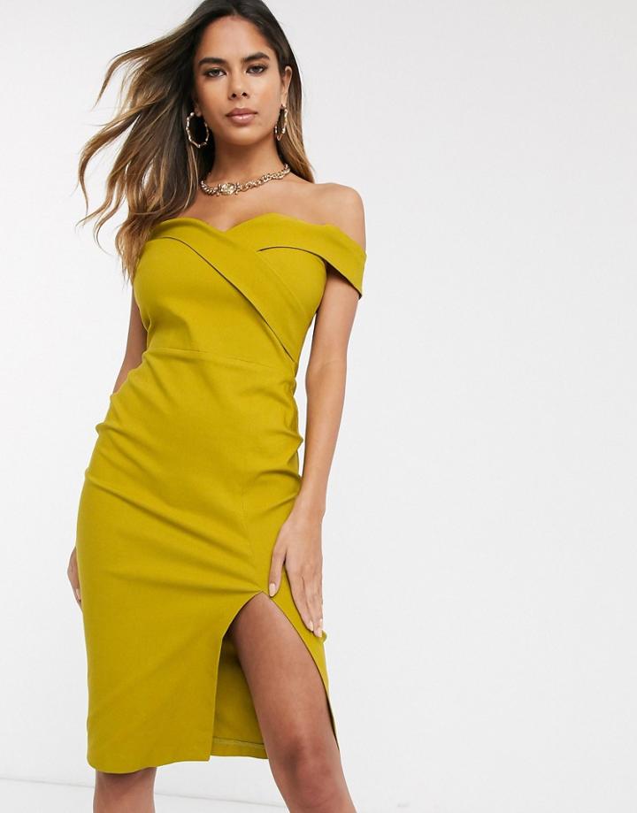Vesper Bardot Midi Pencil Dress In Ochre-yellow