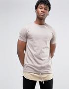 Asos Super Longline T-shirt With Curved Drawcord Hem In Beige Textured
