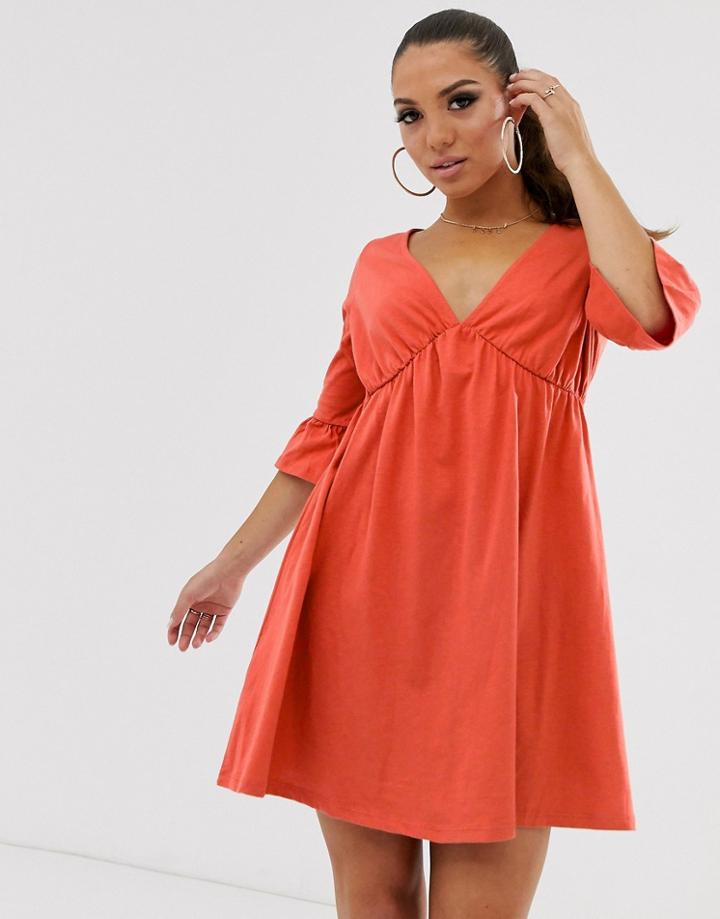 Asos Design V Neck Frill Sleeve Smock Dress-orange