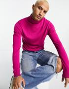 Asos Design Knitted Cotton Roll Neck Sweater In Fuchsia-pink