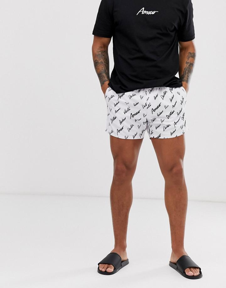 Asos Design Two-piece Swim Shorts In White With All Over Slogan Print Short Length - White