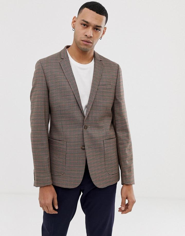 Asos Design Skinny Blazer In Brown Micro Check