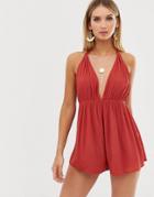 Asos Design Crinkle Halter Romper - Multi
