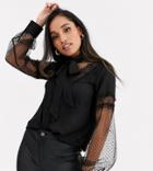 Fashion Union Petite Contrast Lace Blouse With Bow Tie Neck-black