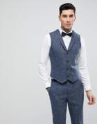 Asos Slim Suit Vest In 100% Wool Harris Tweed In Blue Mini Check - Blue