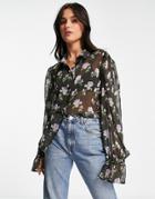 Asos Design Volume Sleeved Shirt With Frill Cuffs In Purple Floral Print-multi