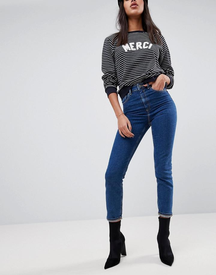 Asos Design High Rise Farleigh 'slim' Mom Jeans In Deep Flat Blue Wash-blues