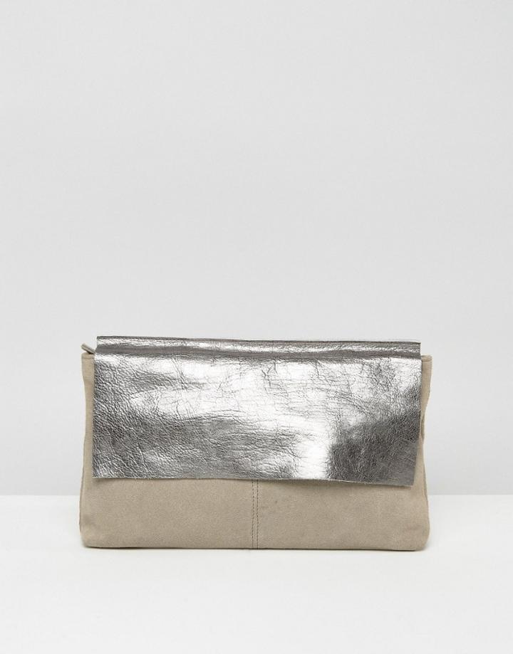 Asos Leather And Metallic Pinched Top Clutch Bag - Gray