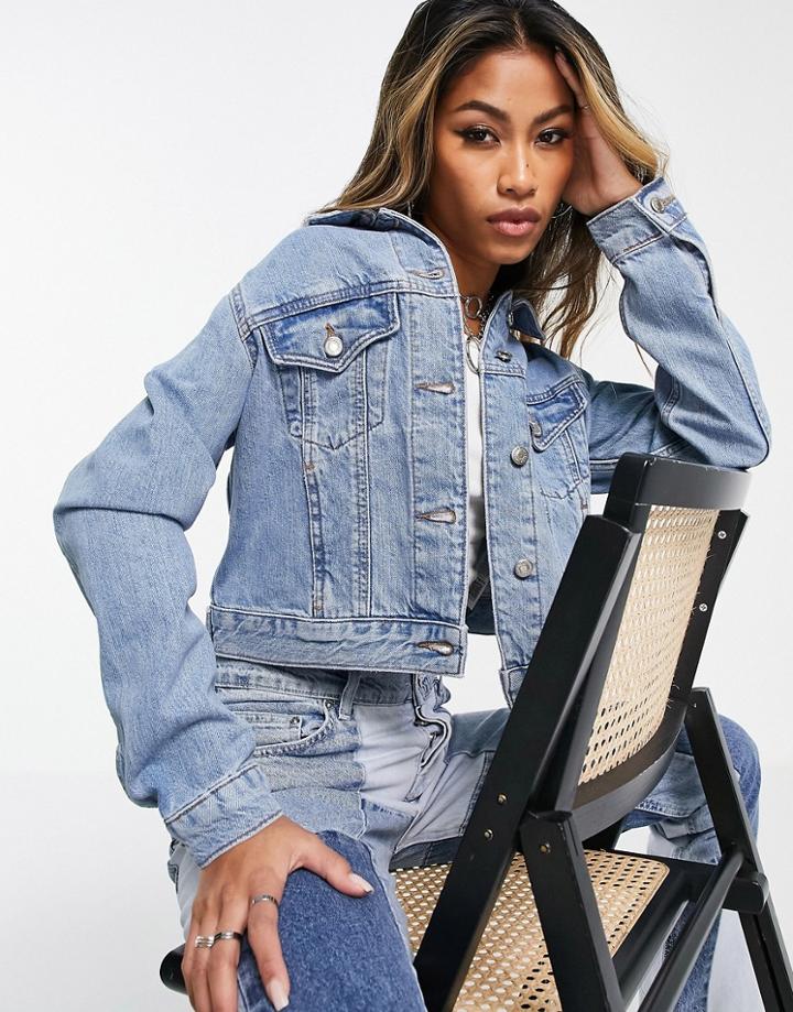 Topshop Fitted Recycled Cotton Denim Jacket In Mid Blue-blues