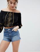 Miss Selfridge Frayed Hem Mom Denim Shorts - Blue