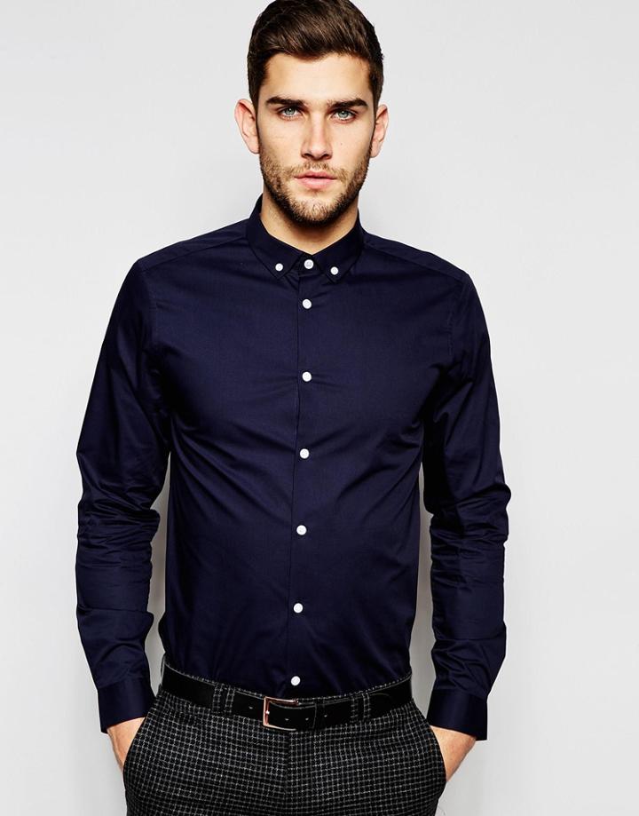 Asos Smart Shirt In Navy With Button Down Collar - Navy