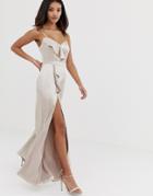 The Girlcode Satin Jumpsuit With Frill Detail And Split Leg In Cream