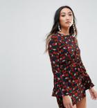 Parisian Petite Floral Print Dress With Flare Sleeve And Tie Waist - Black