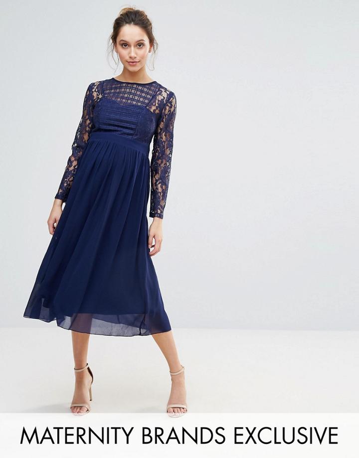 Little Mistress Maternity Grid Lace Midi Swing Dress - Navy