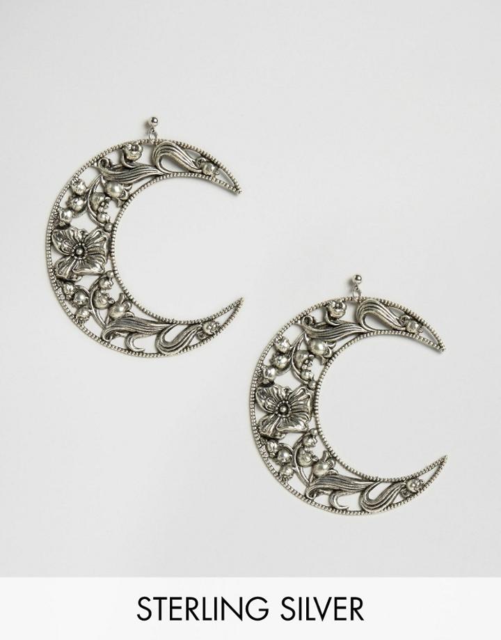 Regal Rose Eclipse Huge Floral Crescent Earrings - Silver