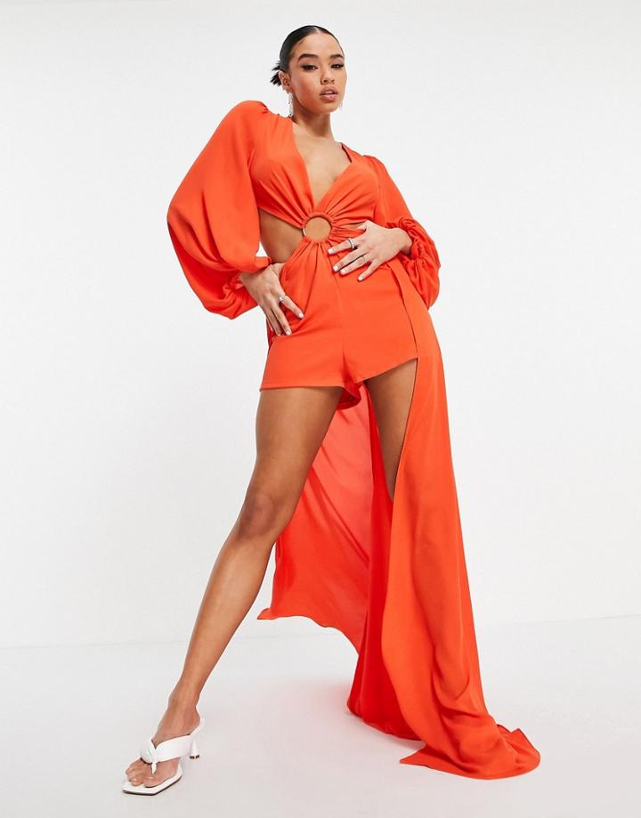 Yaura Balloon Sleeve Hoop Detail Romper With Cut Out And Train In Orange