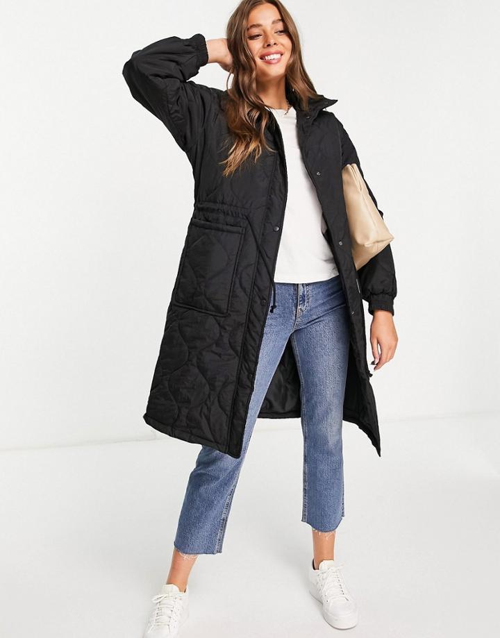 Stradivarius Longline Quilted Jacket In Black