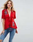 Asos Embroidered Blouse With Tie Front - Red