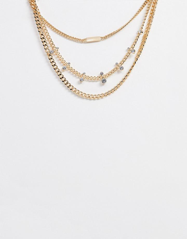 Asos Design Multirow Necklace With Bar And Crystal Pendants In Gold Tone