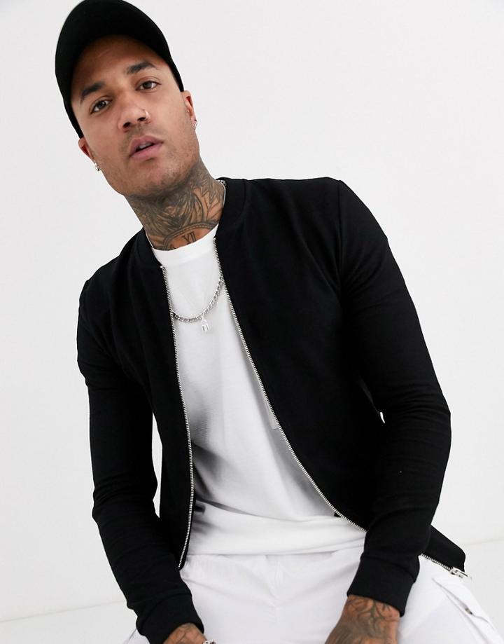 Asos Design Muscle Jersey Bomber Jacket In Black Reverse Loopback