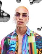 Asos Design 90s Mini Oval Glasses In Gunmetal With Lilac Lens-purple