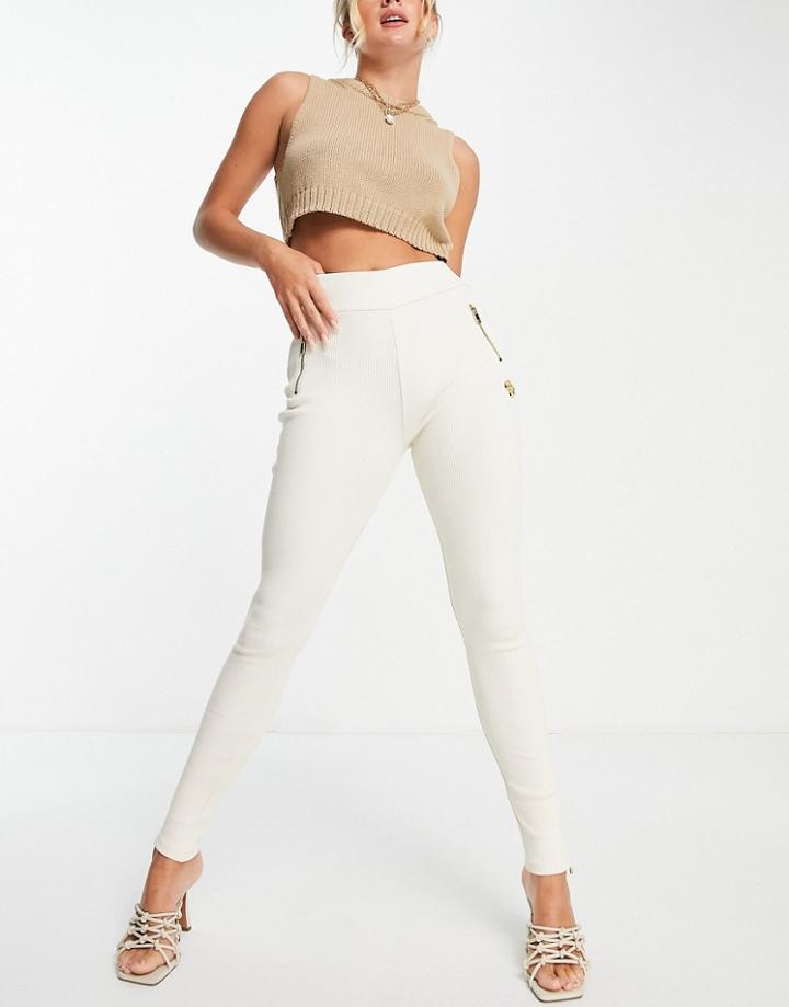 Odolls Collection Zip Detail Ribbed Leggings In Cream - Part Of A Set-white