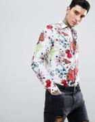 Devil's Advocate Long Sleeve Slim Fit Large Floral Print Shirt - White